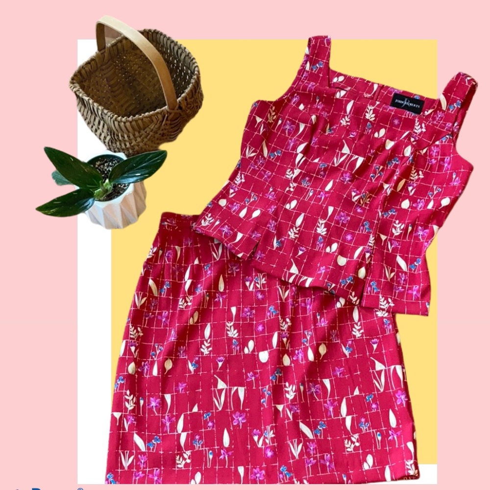 Vintage John Roberts Red Floral Top and Skirt Set